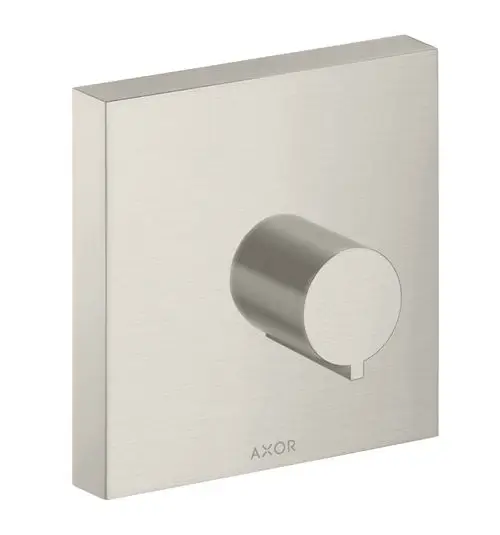 Edelstahl-Wandarmatur mit runder Drehknopfbedienung. Die Oberfläche ist gebürstet. Produkt von AXOR, geeignet für die Installation im Duschebereich.